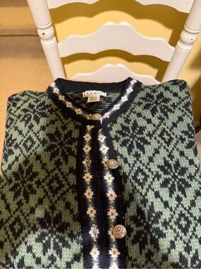 L.L. Bean Men's Green and Black Nordic Pattern Wool Cardigan